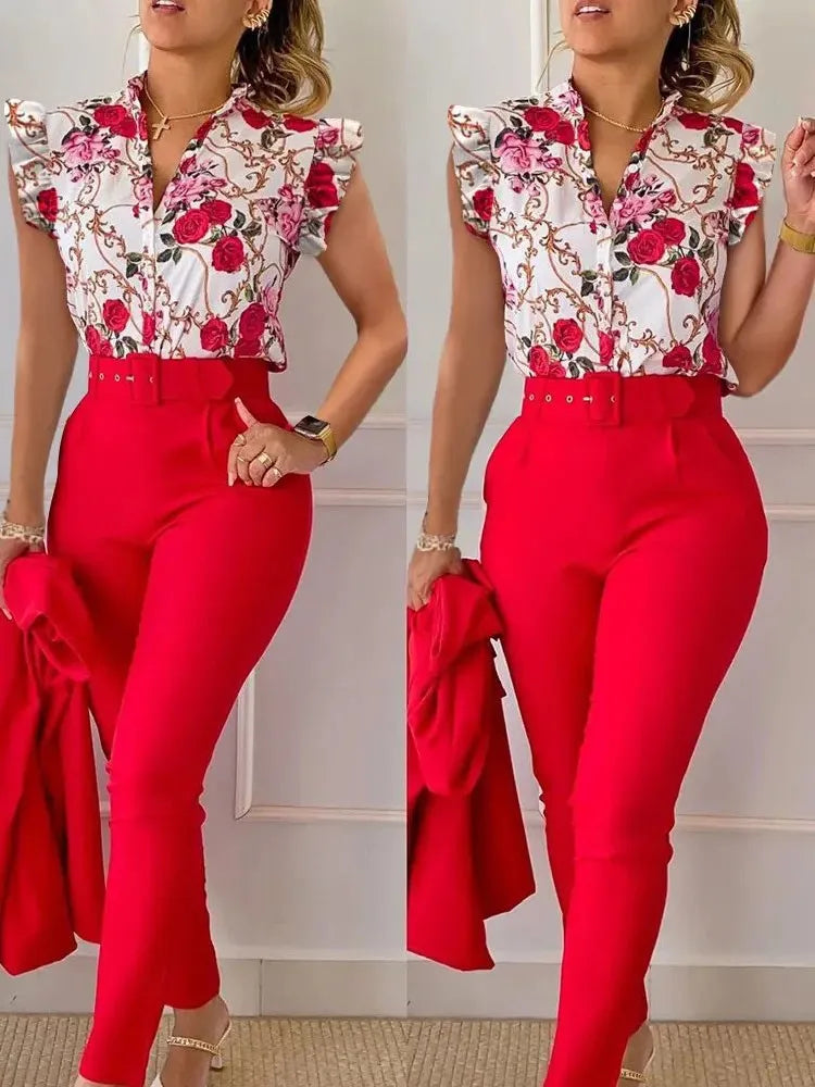 Conjunto primavera/verão com blusa sem mangas estampada com folha de lótus