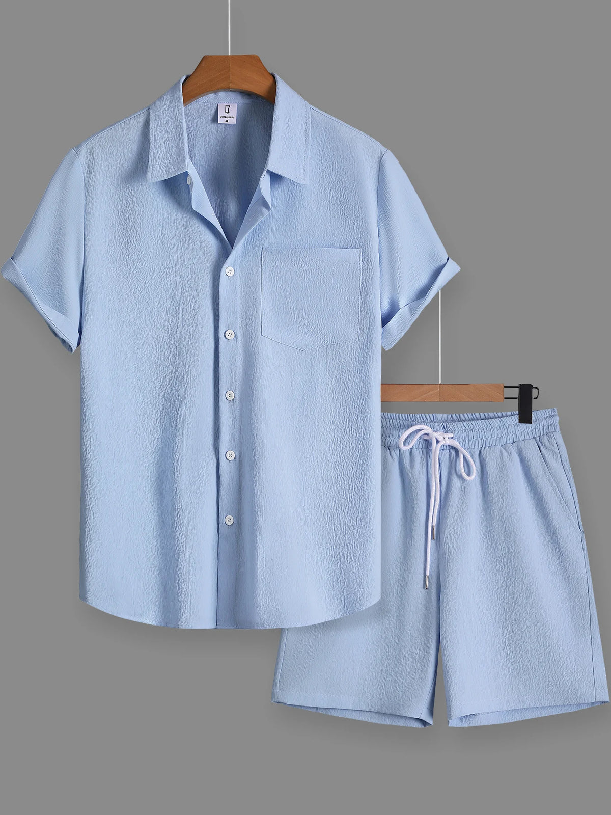 Conjunto Masculino de Camisa e Calções com Textura Enrugada