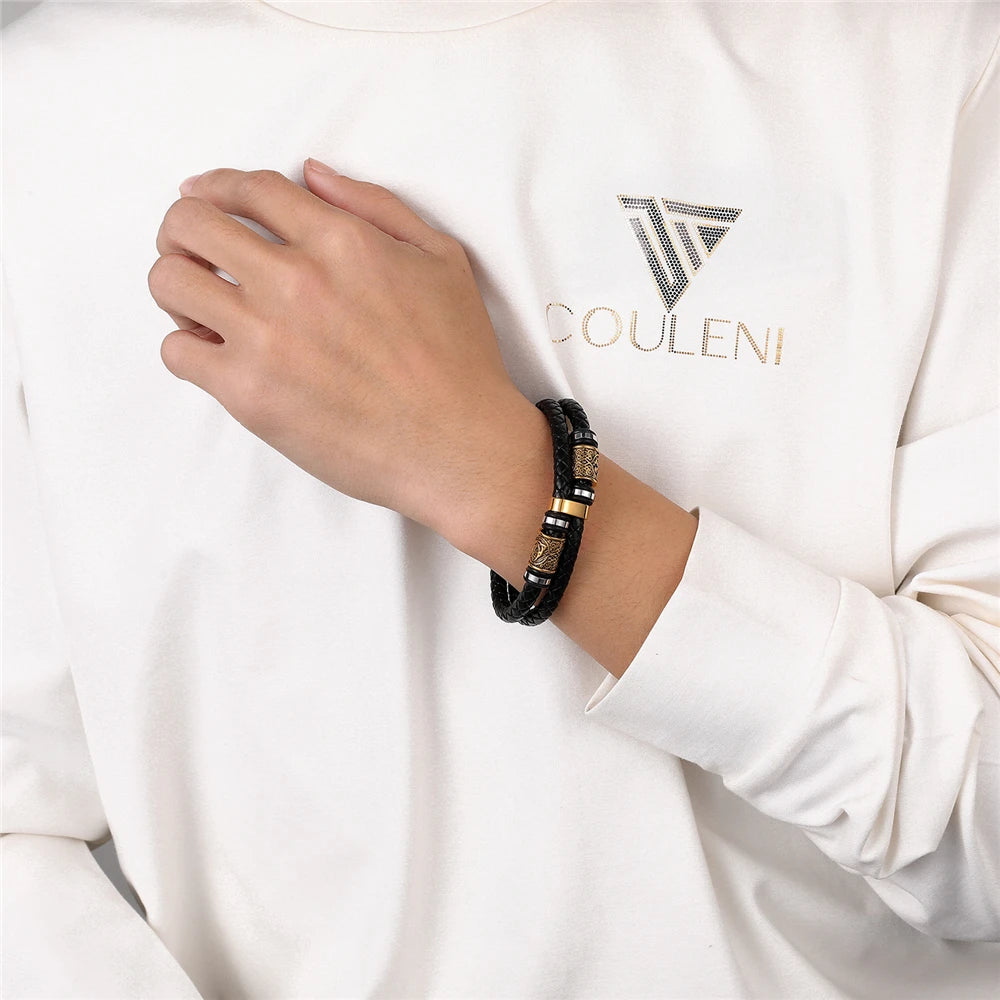 Pulseiras estilo punk viking em pele genuína entrançada