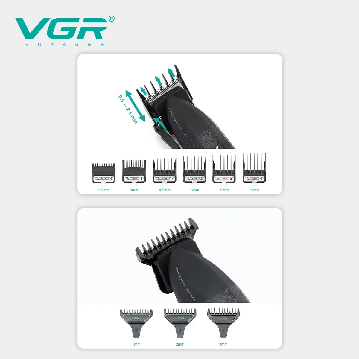 Máquina VGR V-640 S3 3 em 1 para Cabelo, Barba e Acabamento — 9000 RPM
