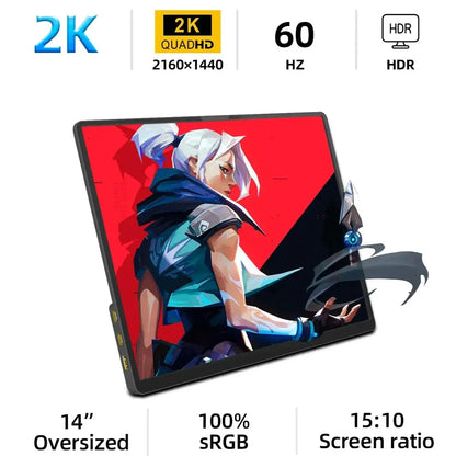 Monitor Portátil ZSUS 14" 2K 60 Hz – HDR 10, USB-C e Altifalantes