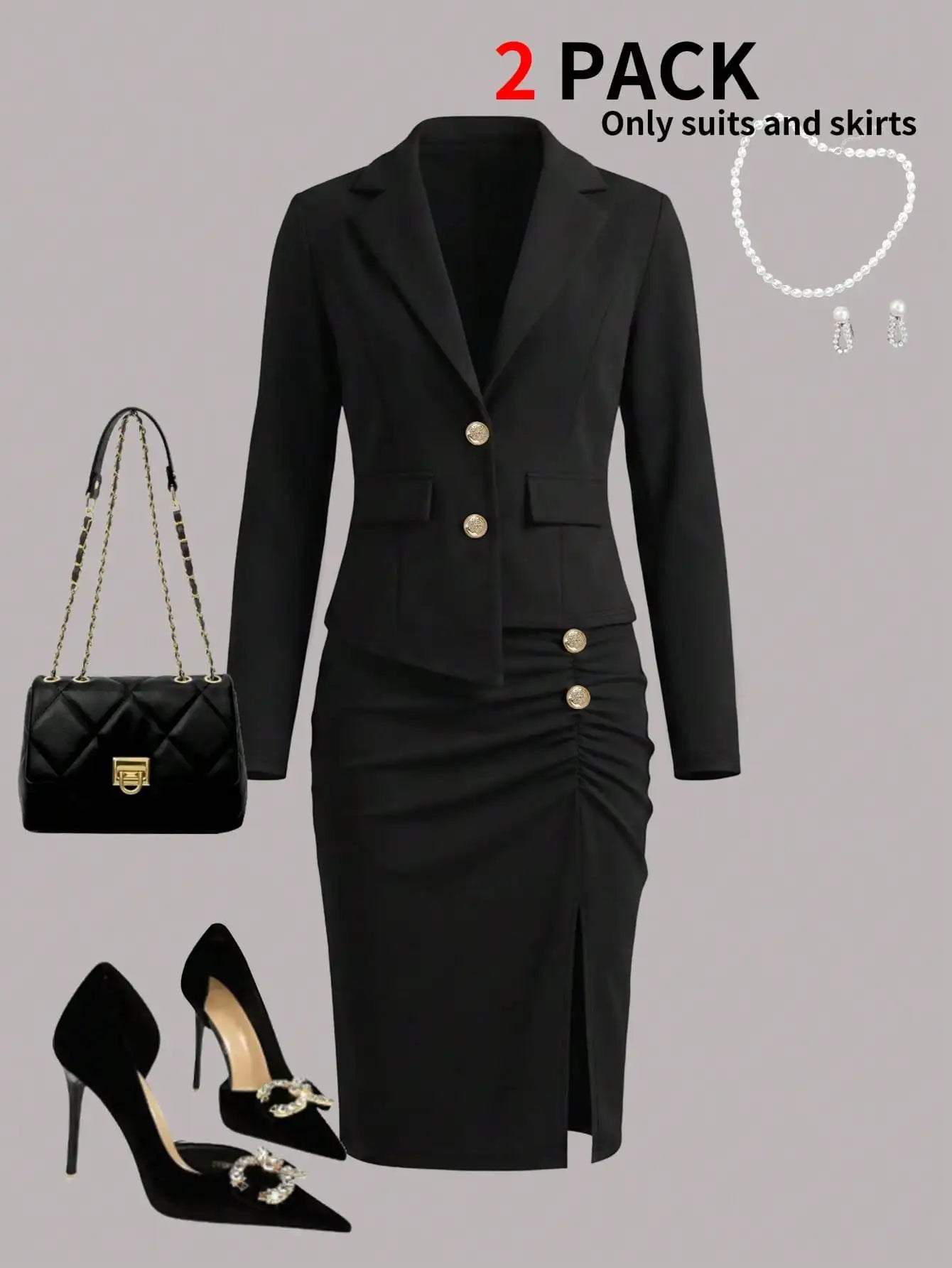 Conjunto elegante de duas peças feminino: blazer acinturado e saia com fenda