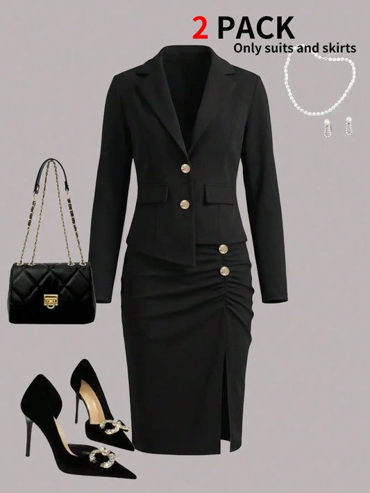 Conjunto elegante de duas peças feminino: blazer acinturado e saia com fenda