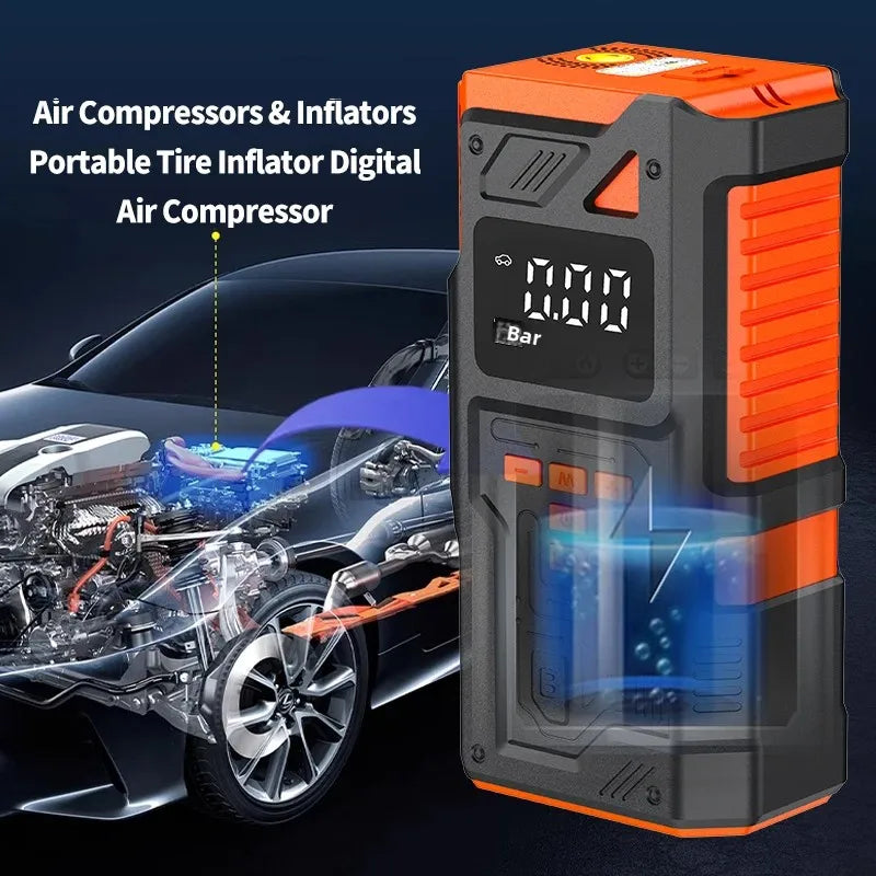 Arrancador de Bateria Portátil 5000A com Compressor de Ar – 12V