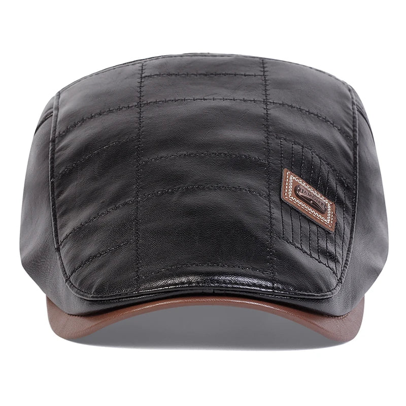 Boina retro em pele PU para homem, estilo jornaleiro