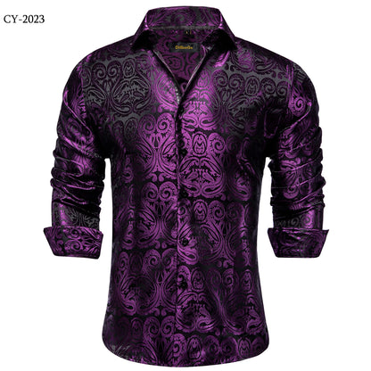 Camisa Masculina Paisley de Manga Longa em Poliéster