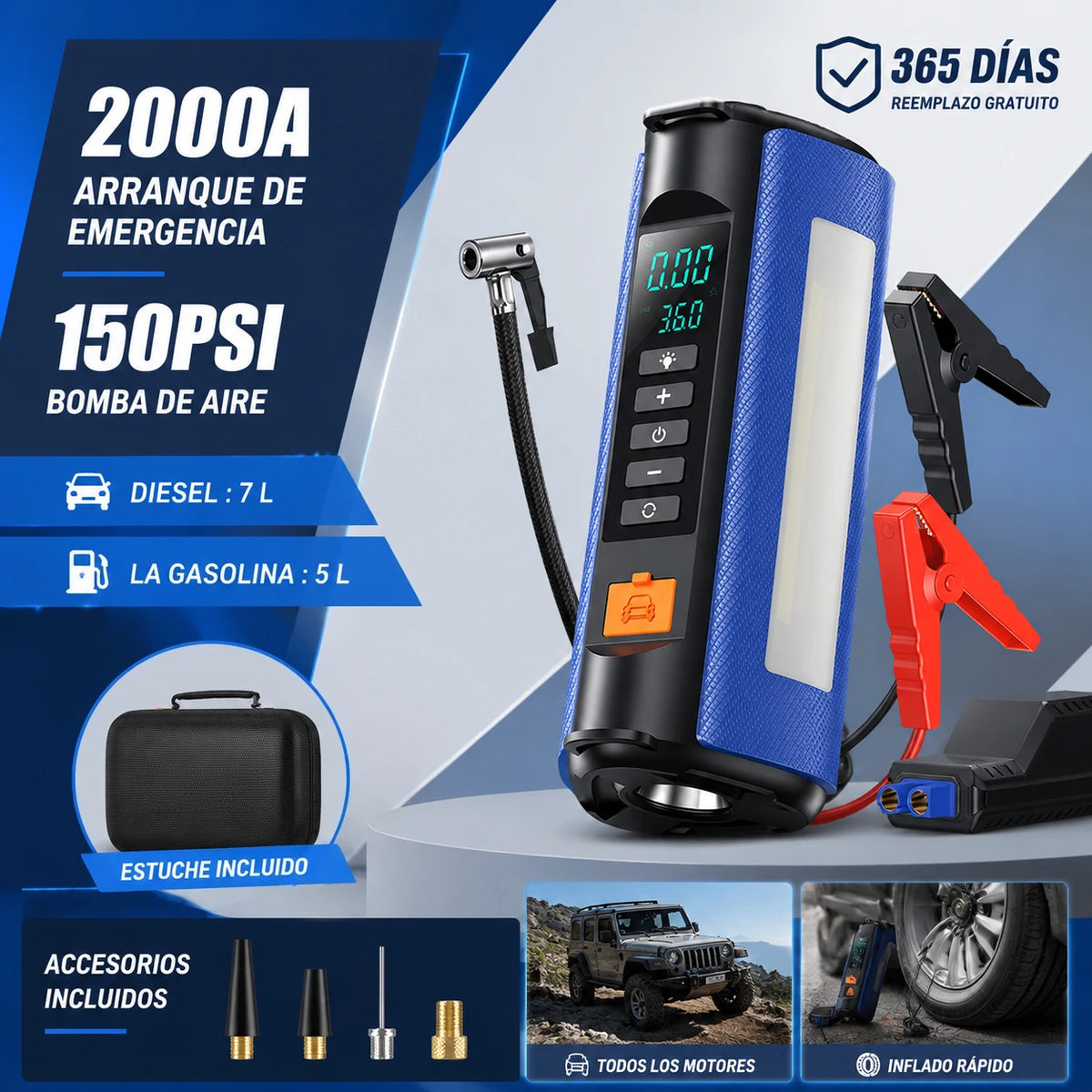 Arrancador de Bateria Portátil 2000A 12V com Compressor de Ar 150 PSI