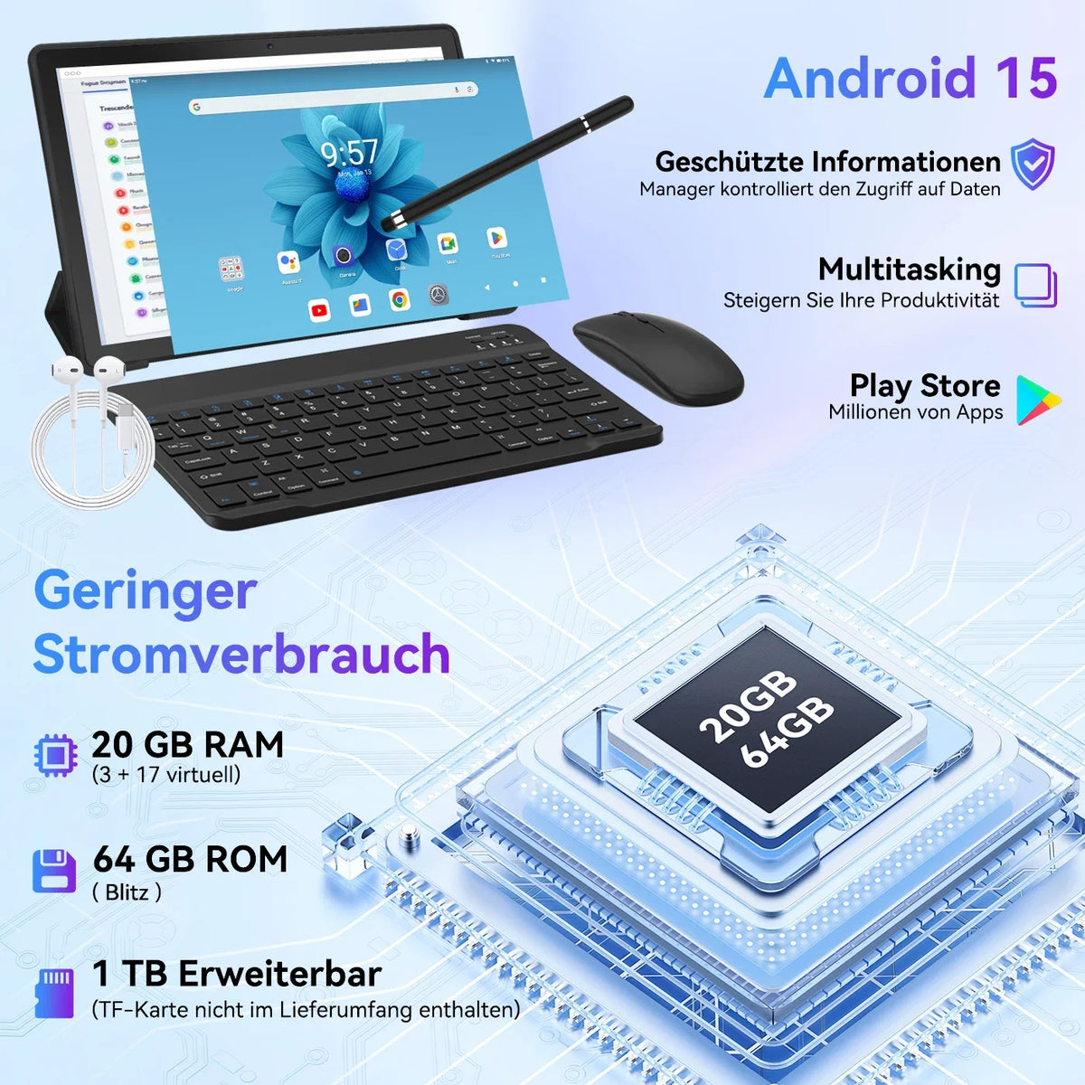 Tablet URAO 10,1″ — Android 15, 20 GB RAM, 64 GB ROM e Ecrã HD IPS