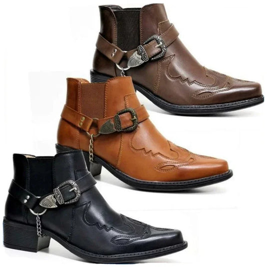Botas Masculinas Western Vintage em Couro PU com Fivela