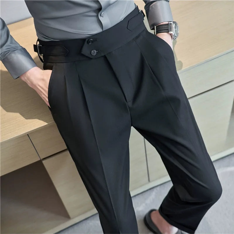 Calças sociais masculinas casuais de cintura alta, estilo britânico