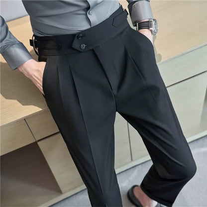 Calças sociais masculinas casuais de cintura alta, estilo britânico