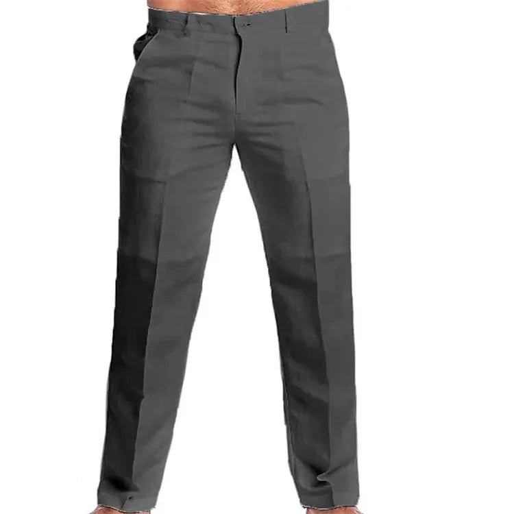 Calça masculina de linho com bolso reto na parte inferior