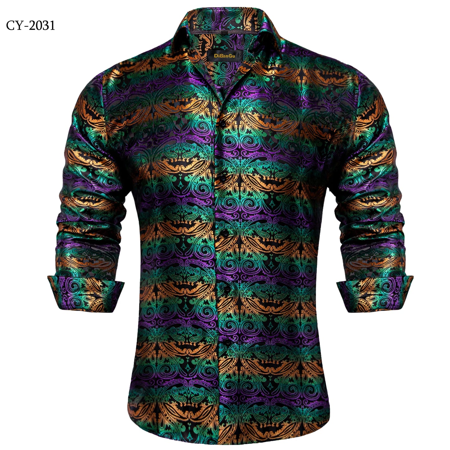 Camisa Masculina Paisley de Manga Longa em Poliéster