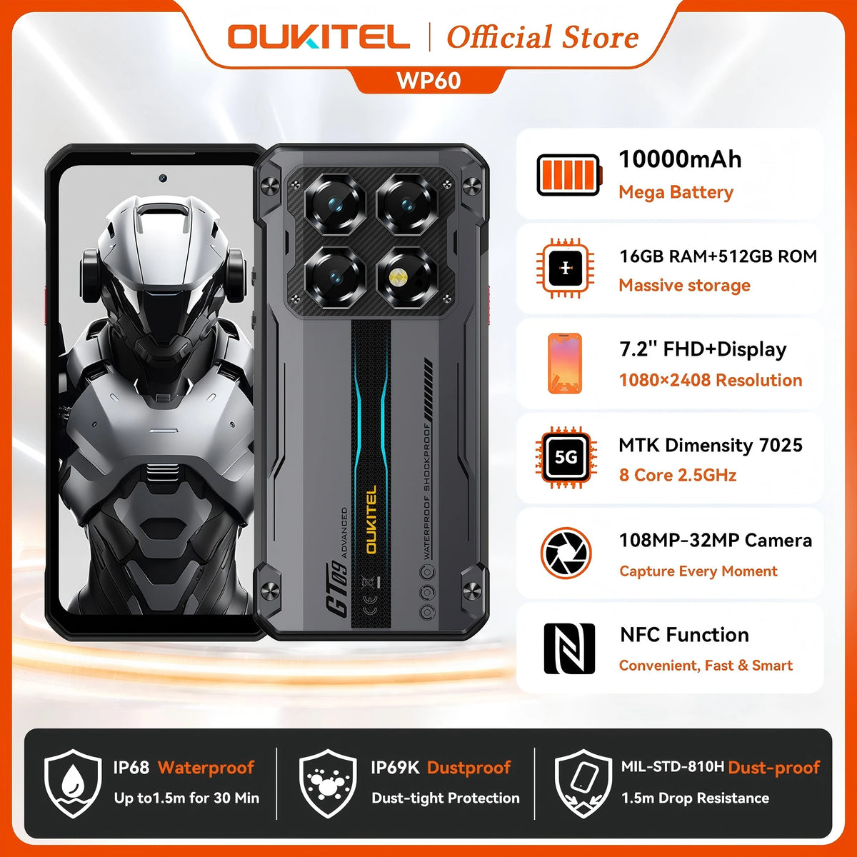 OUKITEL WP60 5G — Smartphone Robusto 7,2″, 48 GB + 512 GB