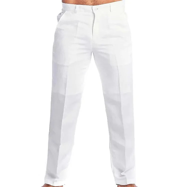Calça masculina de linho com bolso reto na parte inferior