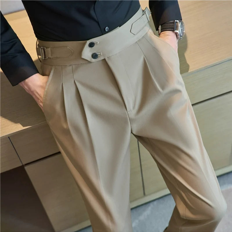 Calças sociais masculinas casuais de cintura alta, estilo britânico