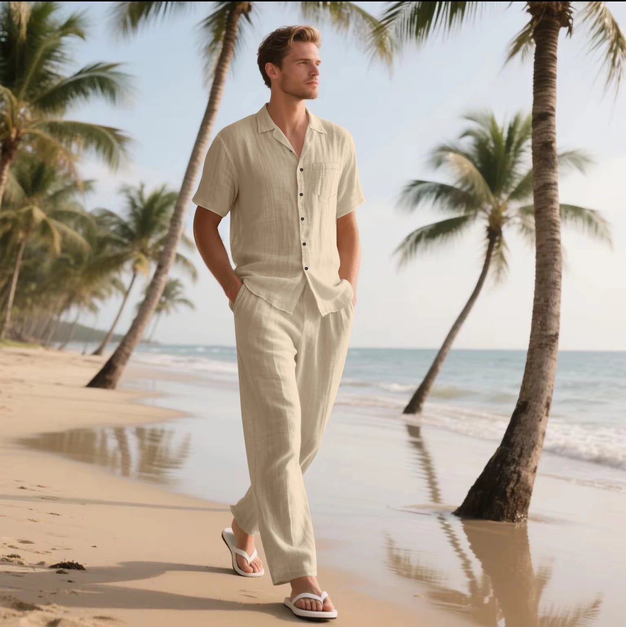 Conjunto masculino casual de camisa e calça de linho