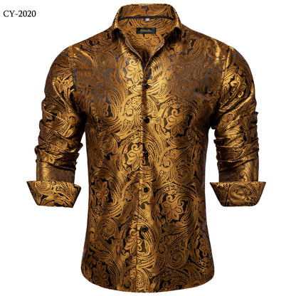 Camisa Masculina Paisley de Manga Longa em Poliéster