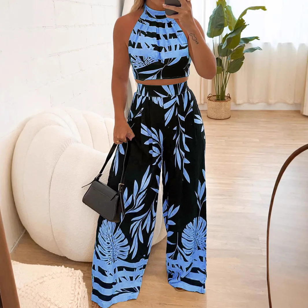 Conjunto com top de alças sem costas, pantalona de cintura alta