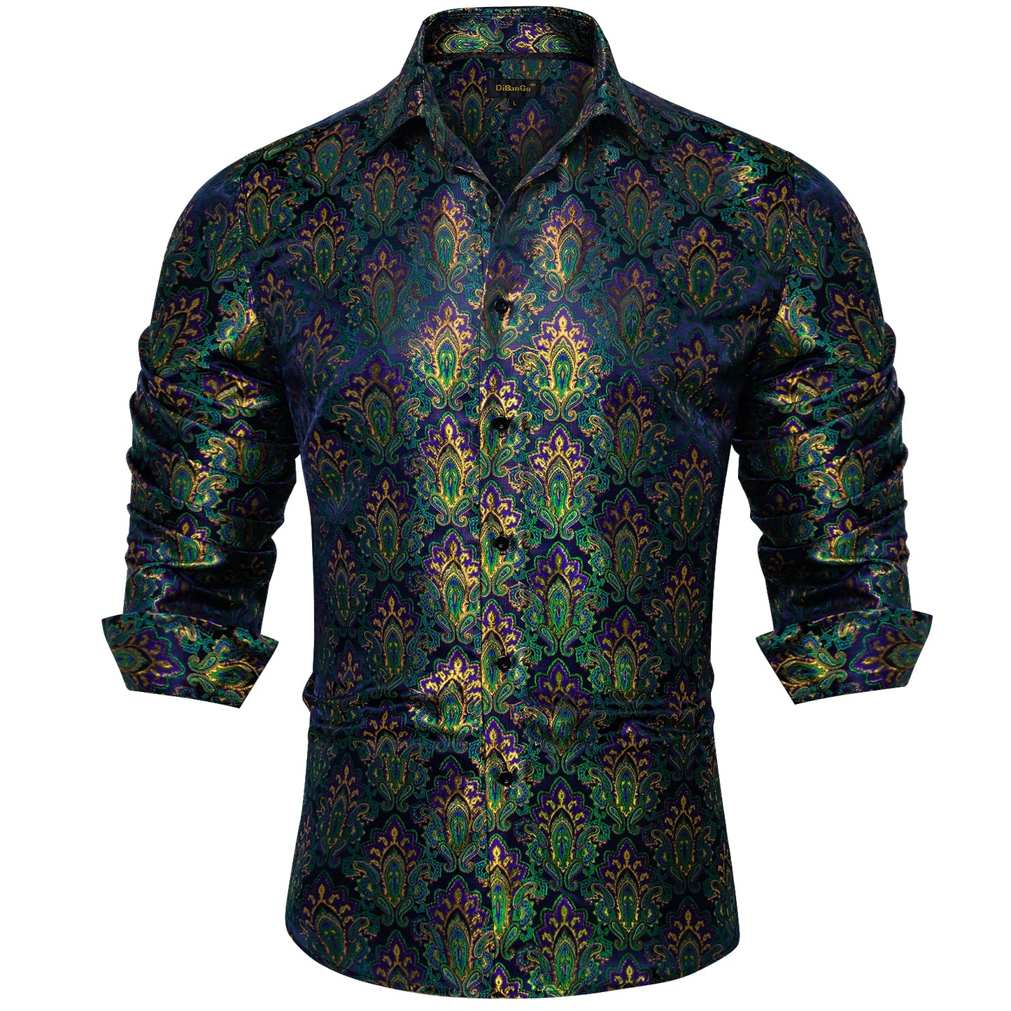 Camisa Masculina Paisley de Manga Longa em Poliéster