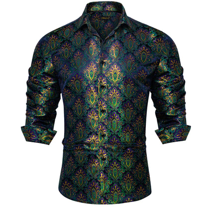 Camisa Masculina Paisley de Manga Longa em Poliéster