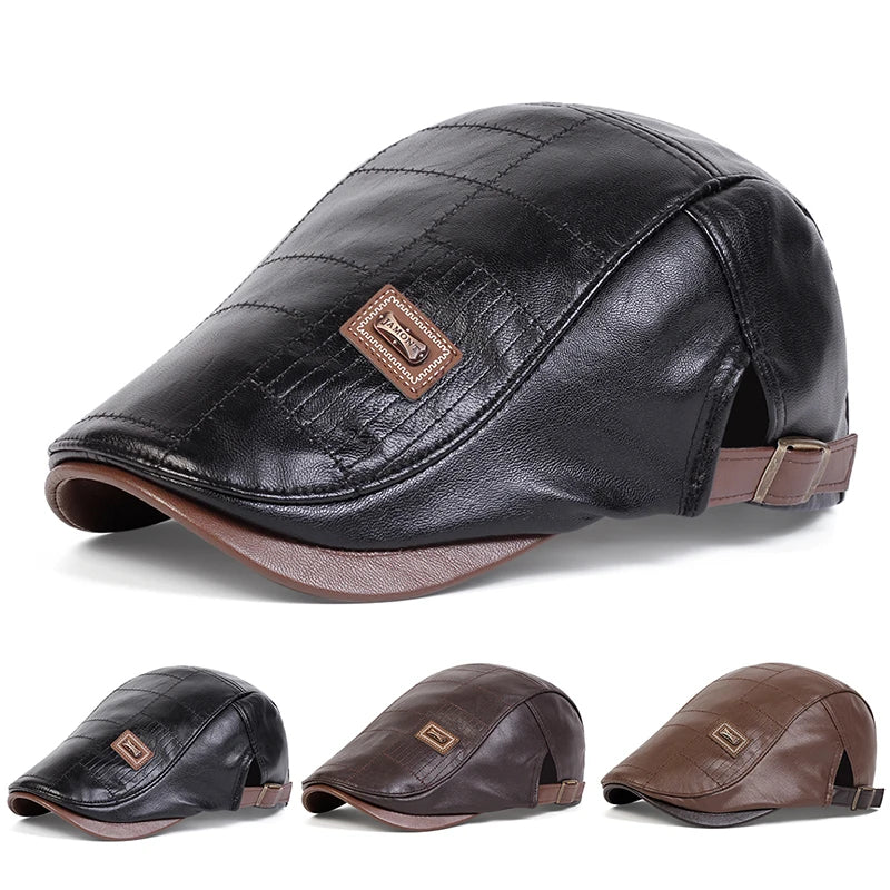 Boina retro em pele PU para homem, estilo jornaleiro