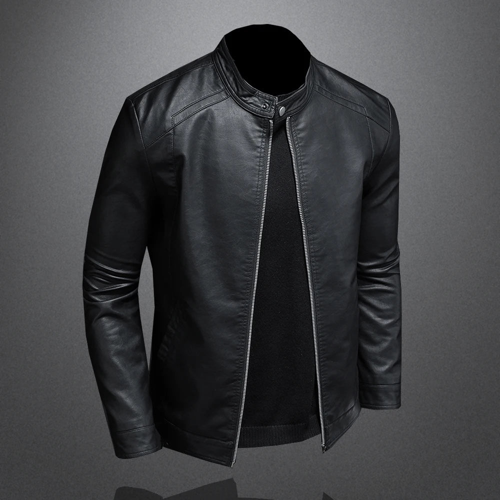 Jaqueta de couro masculina para primavera/outono com gola slim