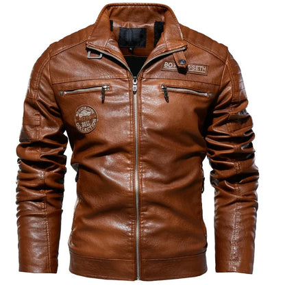 Jaqueta masculina de inverno em lã e couro com gola