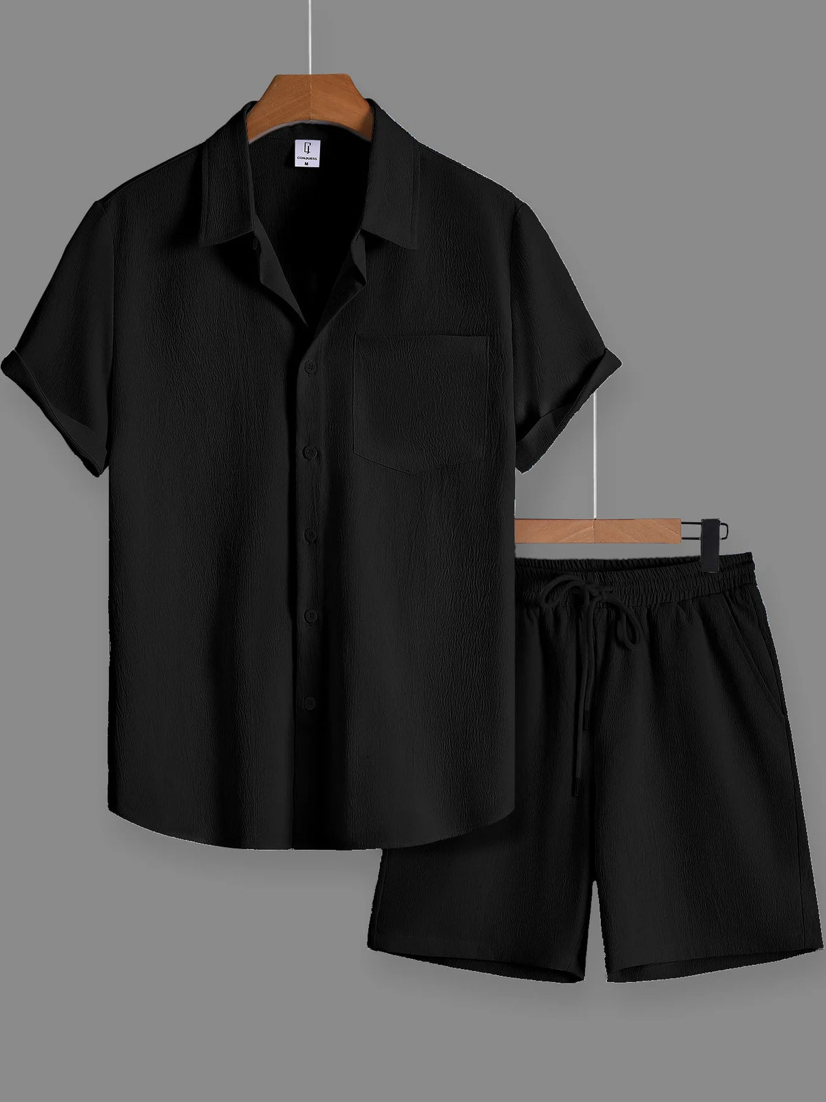Conjunto Masculino de Camisa e Calções com Textura Enrugada