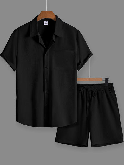 Conjunto Masculino de Camisa e Calções com Textura Enrugada