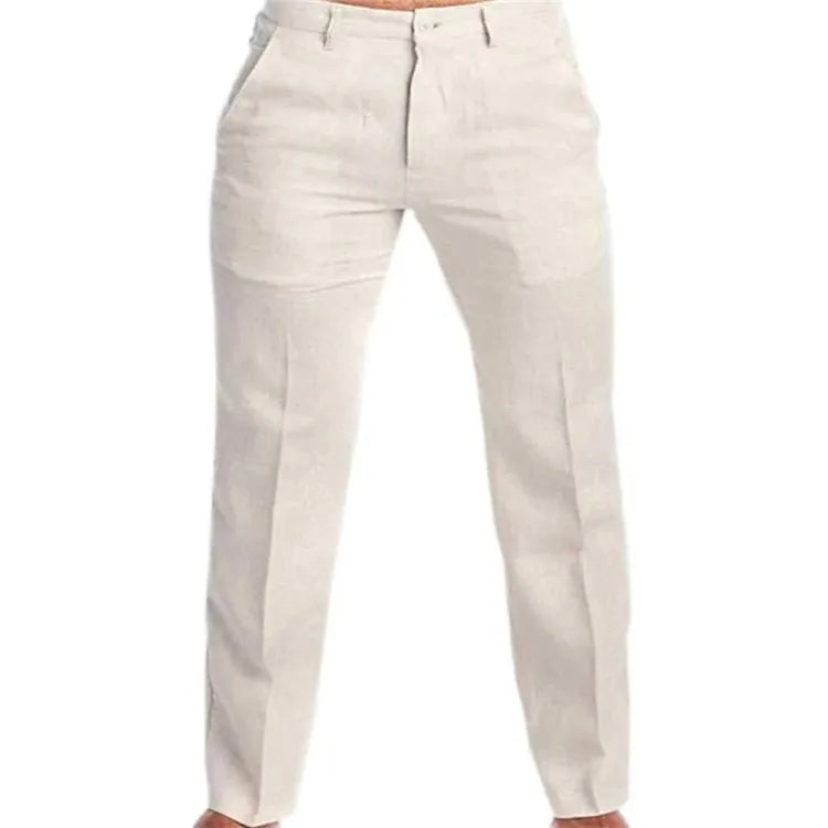 Calça masculina de linho com bolso reto na parte inferior