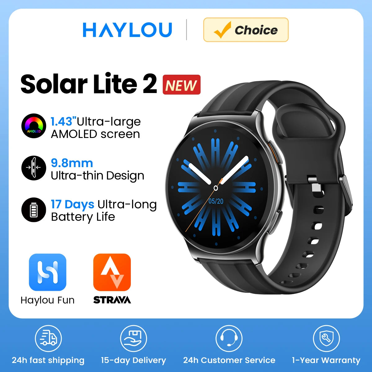 HAYLOU Solar Lite 2 — Smartwatch com Ecrã AMOLED de 1,43"