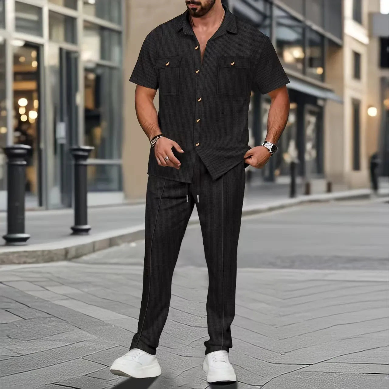 Conjunto Masculino de Verão – Camisa de Botões e Calça Curta