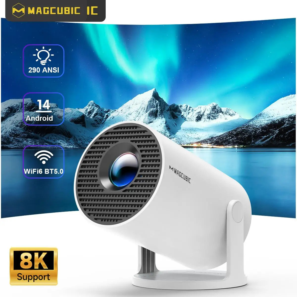 Projetor Magcubic HY300 Pro — Android 14, Wi-Fi 6, 290 ANSI e 1280×720