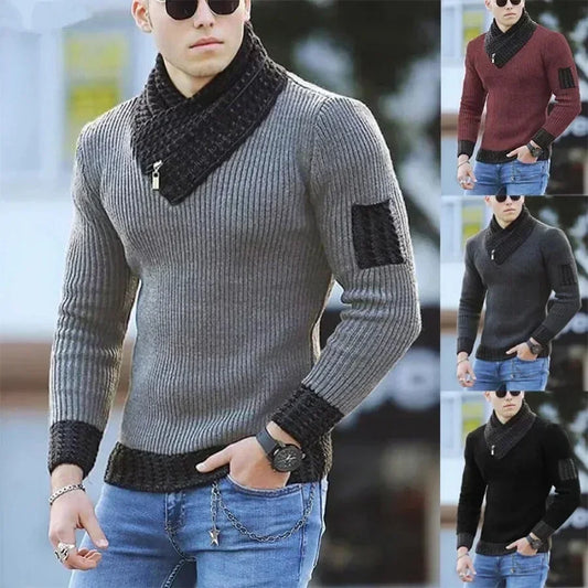 Suéter Masculino Casual Vintage de Lã Tricotada com Gola Alta
