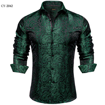 Camisa Masculina Paisley de Manga Longa em Poliéster