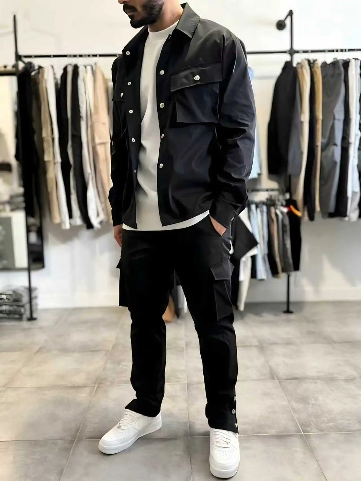 Conjunto Masculino Casual de Jaqueta e Calça — Poliéster e Múltiplos Bolsos