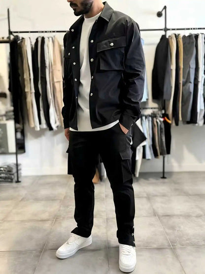 Conjunto Masculino Casual de Jaqueta e Calça — Poliéster e Múltiplos Bolsos