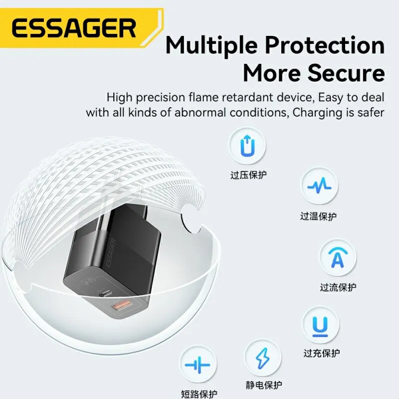 Carregador USB-C Essager, carregamento rápido GaN Type-C PD