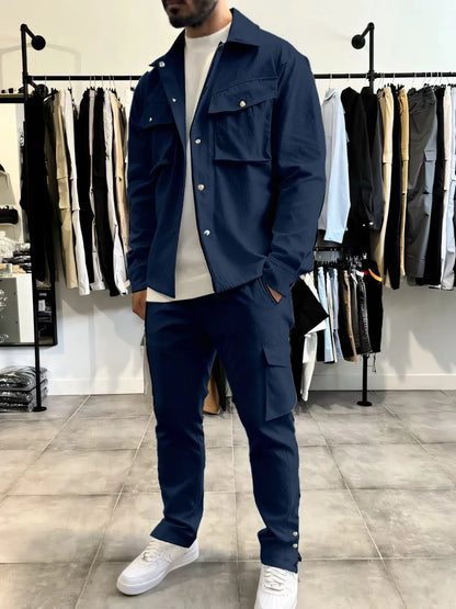 Conjunto Masculino Casual de Jaqueta e Calça — Poliéster e Múltiplos Bolsos