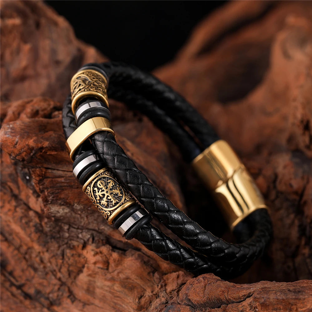 Pulseiras estilo punk viking em pele genuína entrançada