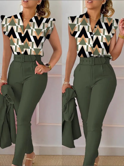 Conjunto primavera/verão com blusa sem mangas estampada com folha de lótus