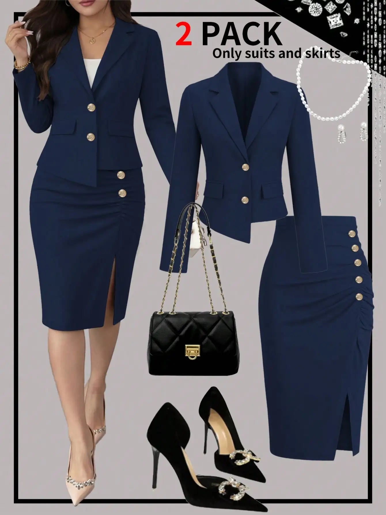 Conjunto elegante de duas peças feminino: blazer acinturado e saia com fenda