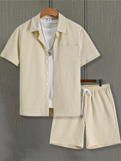 Conjunto Masculino de Camisa e Calções com Textura Enrugada
