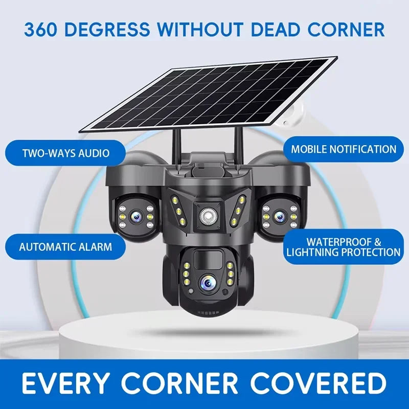 Câmera solar wi-fi sem fio, três lentes