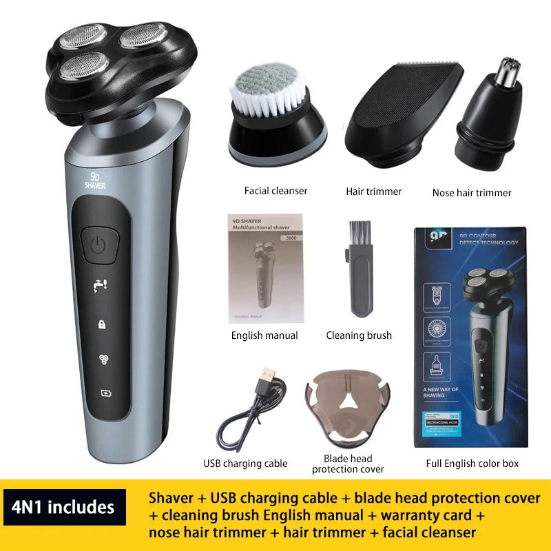 Barbeador Elétrico Masculino 9D Multifuncional – Recarregável e Lavável