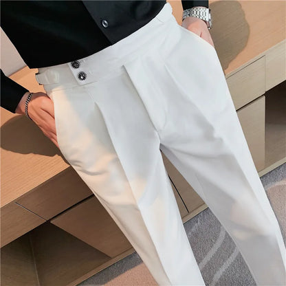 Calças sociais masculinas de cintura alta, corte slim