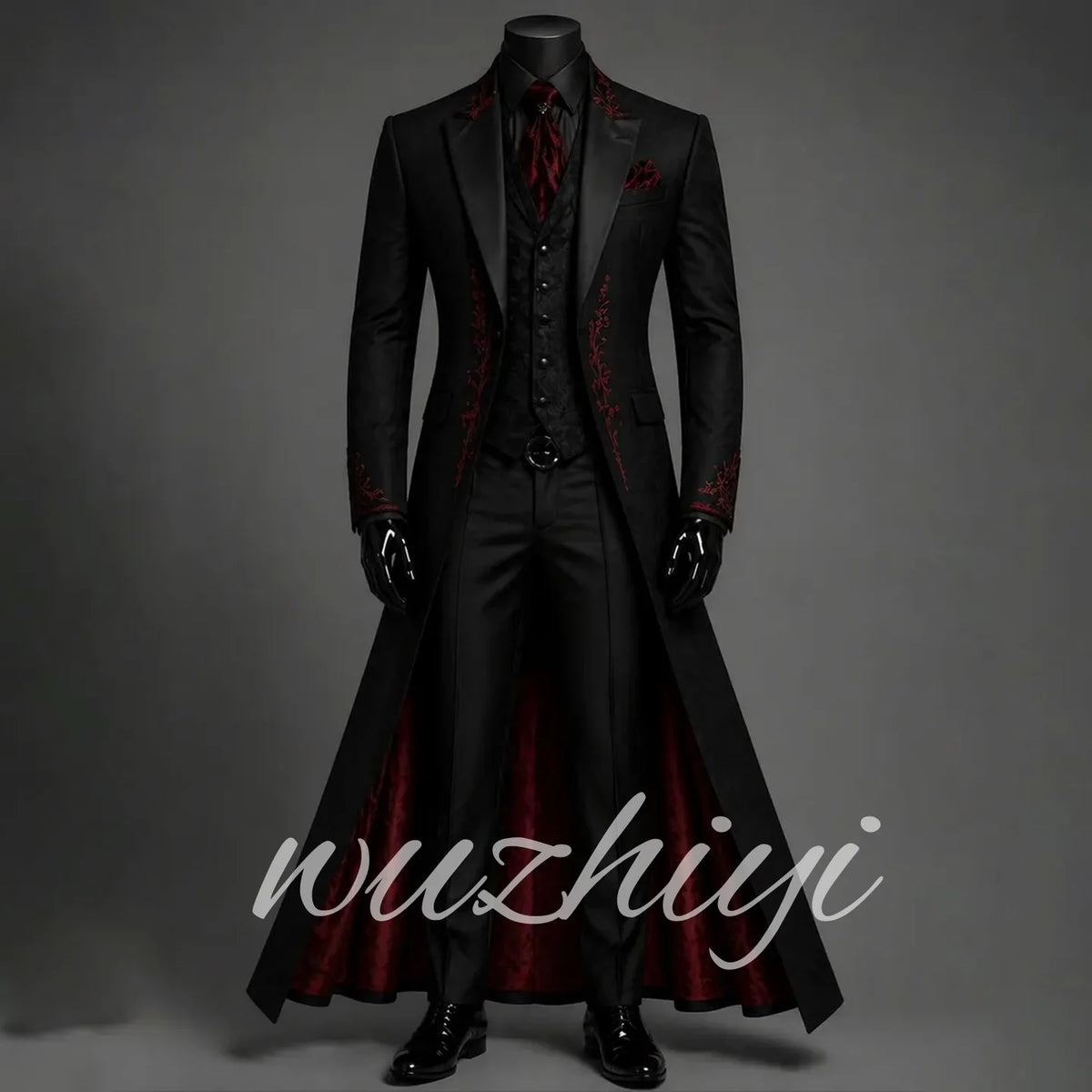 Terno Masculino de 3 Peças com Bordado Floral Vermelho