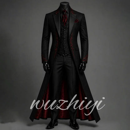 Terno Masculino de 3 Peças com Bordado Floral Vermelho