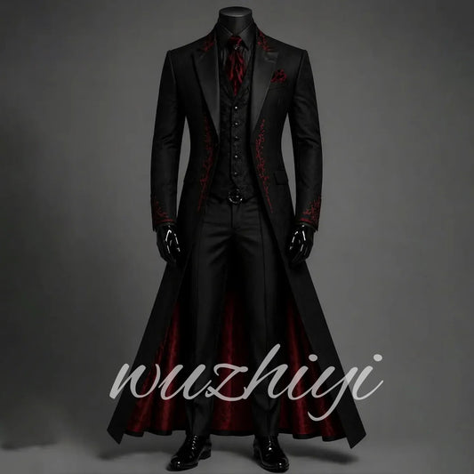 Terno Masculino de 3 Peças com Bordado Floral Vermelho